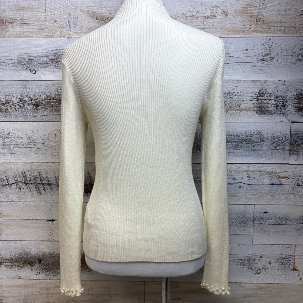 Ivory Mock Neck Sweater Size L Pearl Collar Cuffs Formal Holiday Cocktail Ribbed - Picture 5 of 12